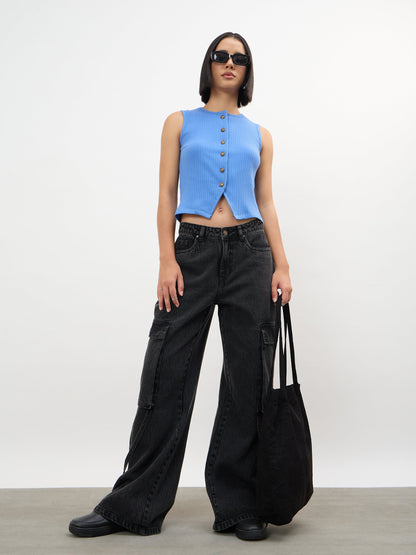 Blue Round Neck Button Down Sleeveless Top