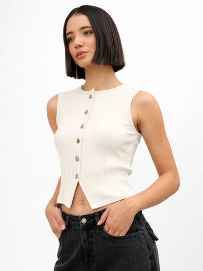 Off-White Round Neck Button Down Sleeveless Top