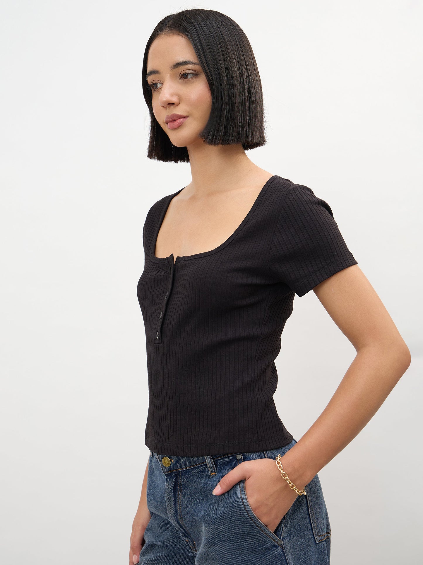 Black Square-Neck Regular Top