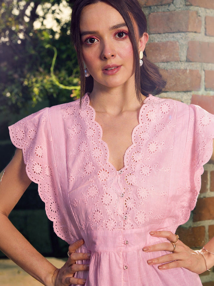 Pink Schiffli V-Neck Top