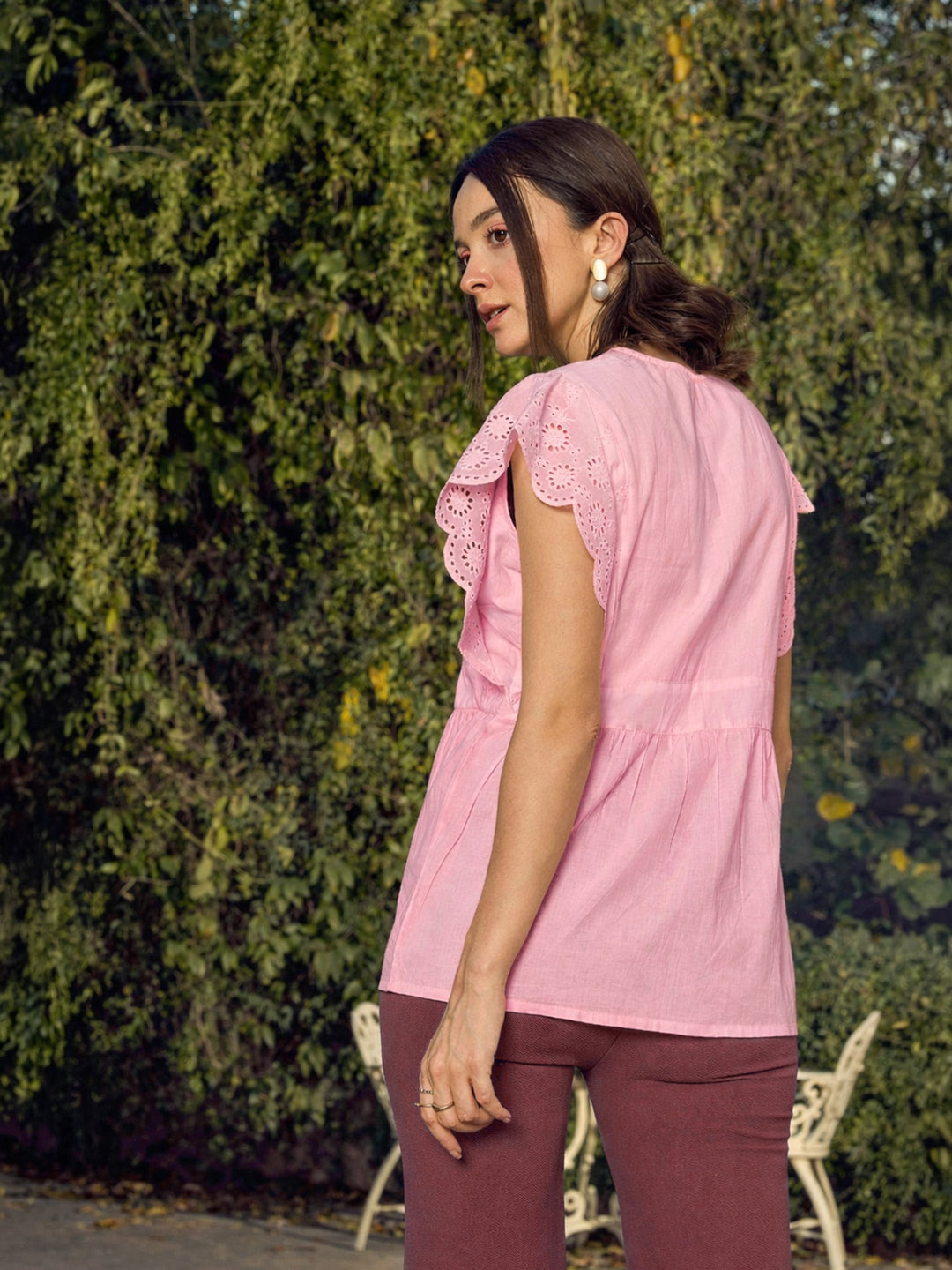 Pink Schiffli V-Neck Top