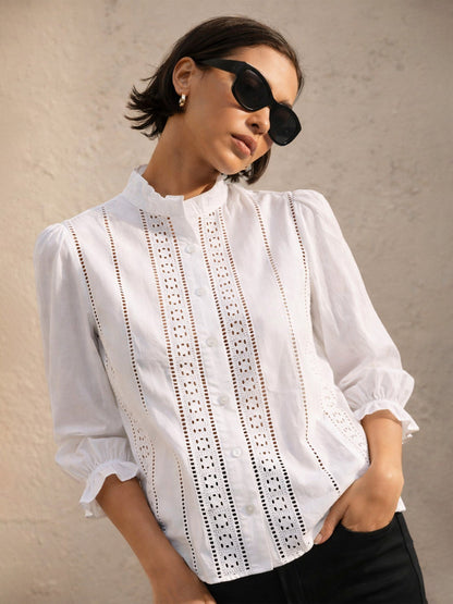 White Poplin Mandarin Collar Lace Top