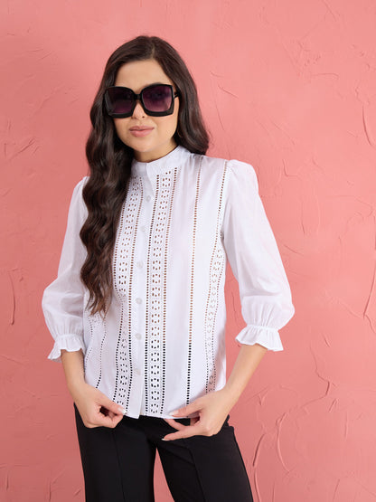 White Poplin Mandarin Collar Lace Top