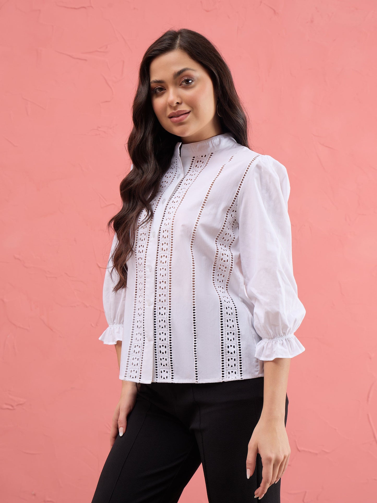 White Poplin Mandarin Collar Lace Top