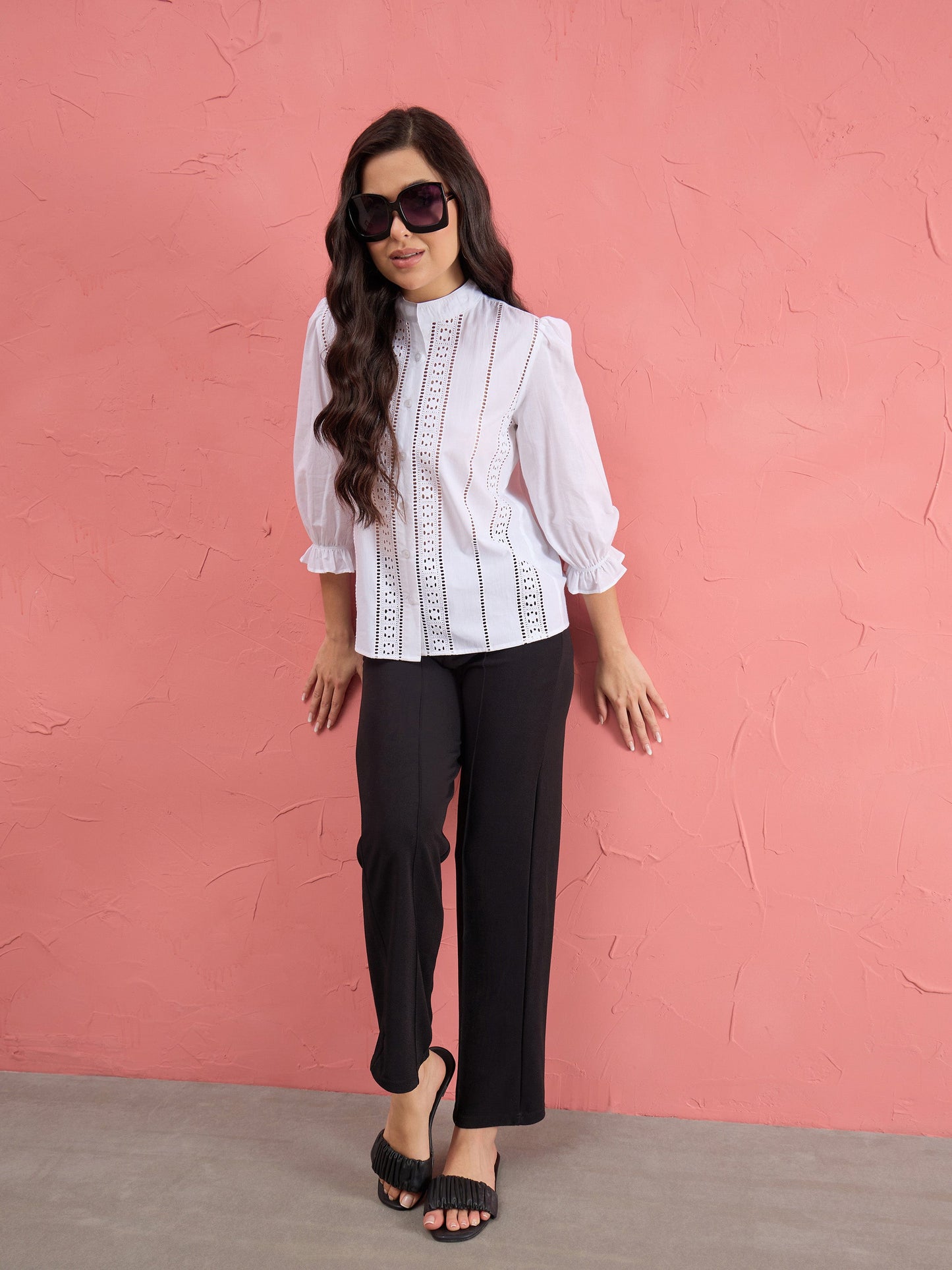 White Poplin Mandarin Collar Lace Top