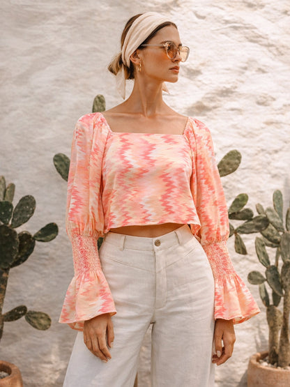 Orange Ikat Print Square Neck Regular Top