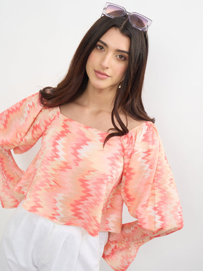 Orange Ikat Print Square Neck Regular Top