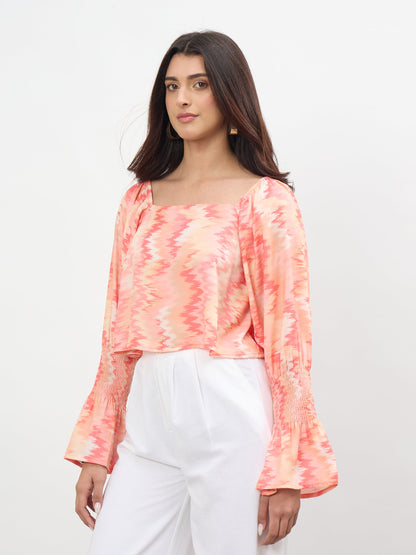 Orange Ikat Print Square Neck Regular Top