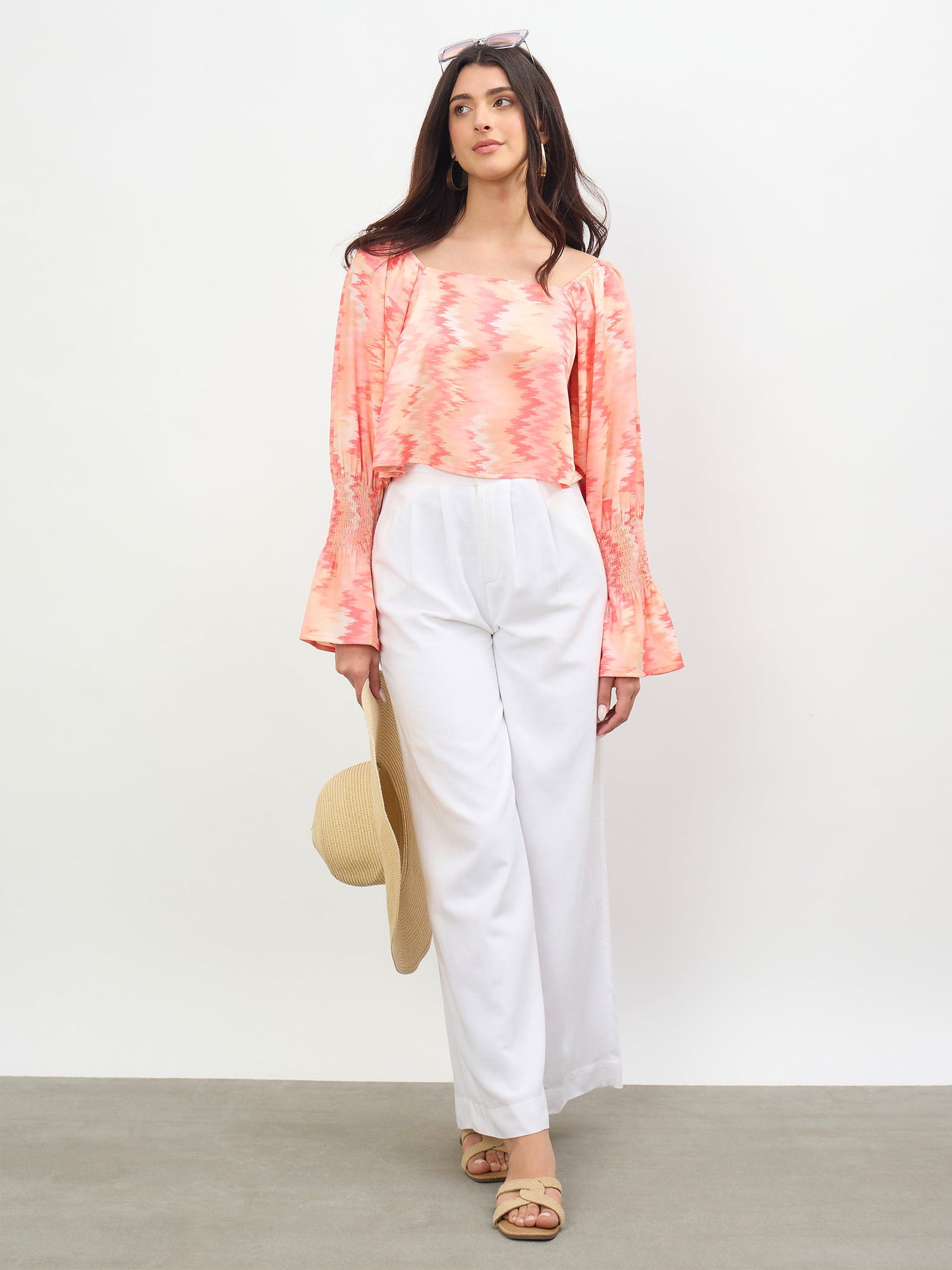 Orange Ikat Print Square Neck Regular Top