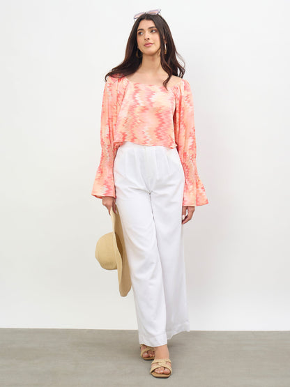 Orange Ikat Print Square Neck Regular Top