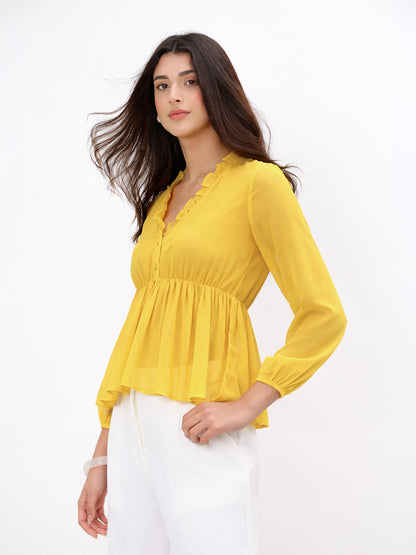Yellow Frill Neck Peplum Top
