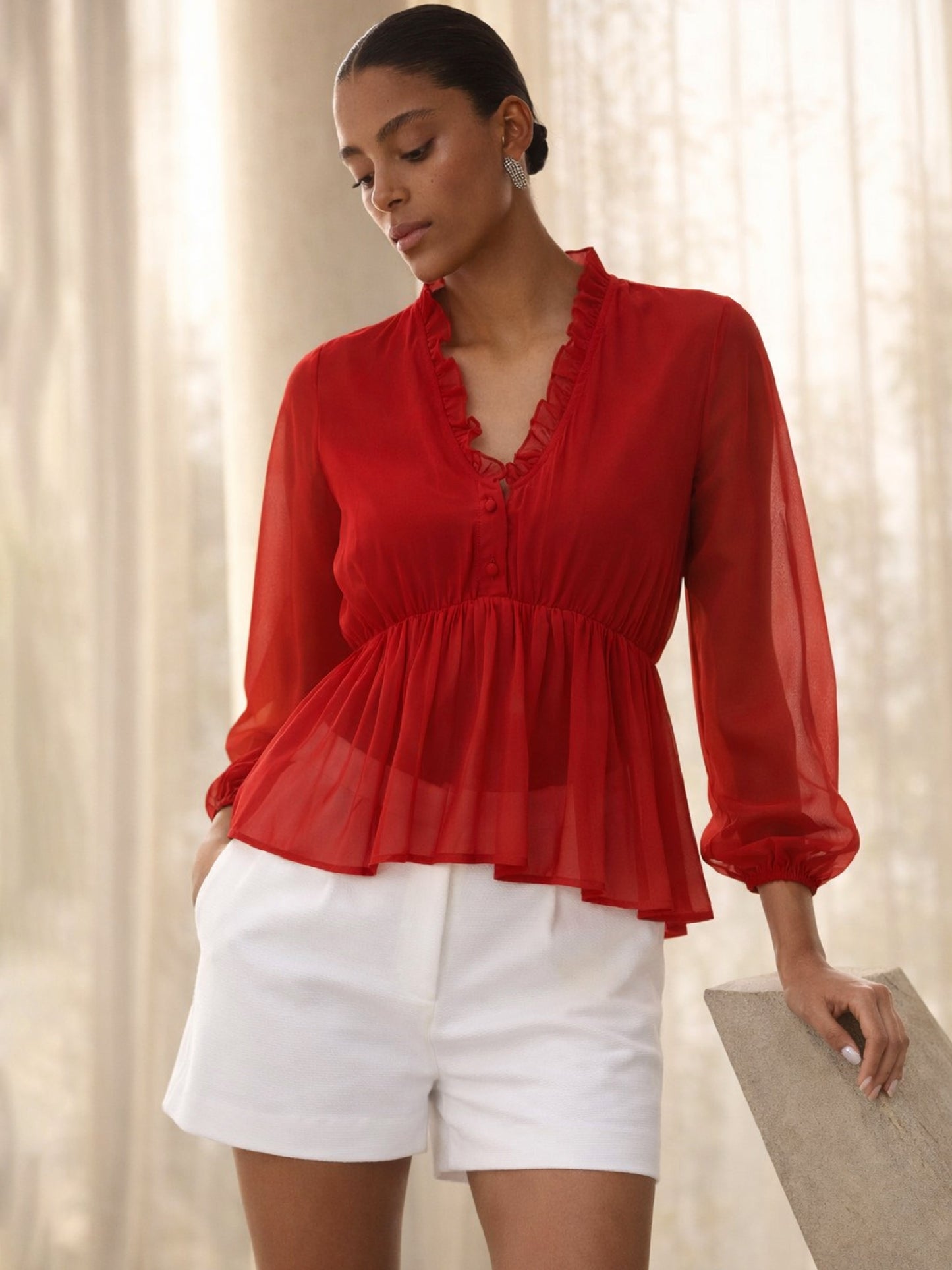 Red Frill Neck Peplum Top