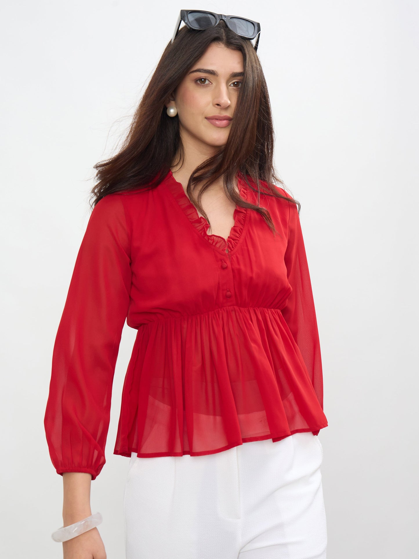 Red Frill Neck Peplum Top