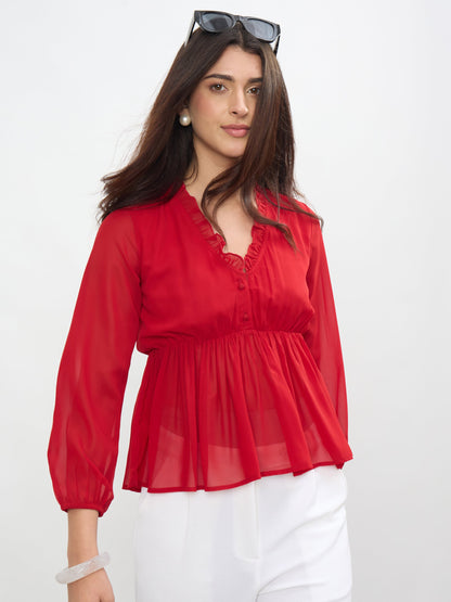 Red Frill Neck Peplum Top