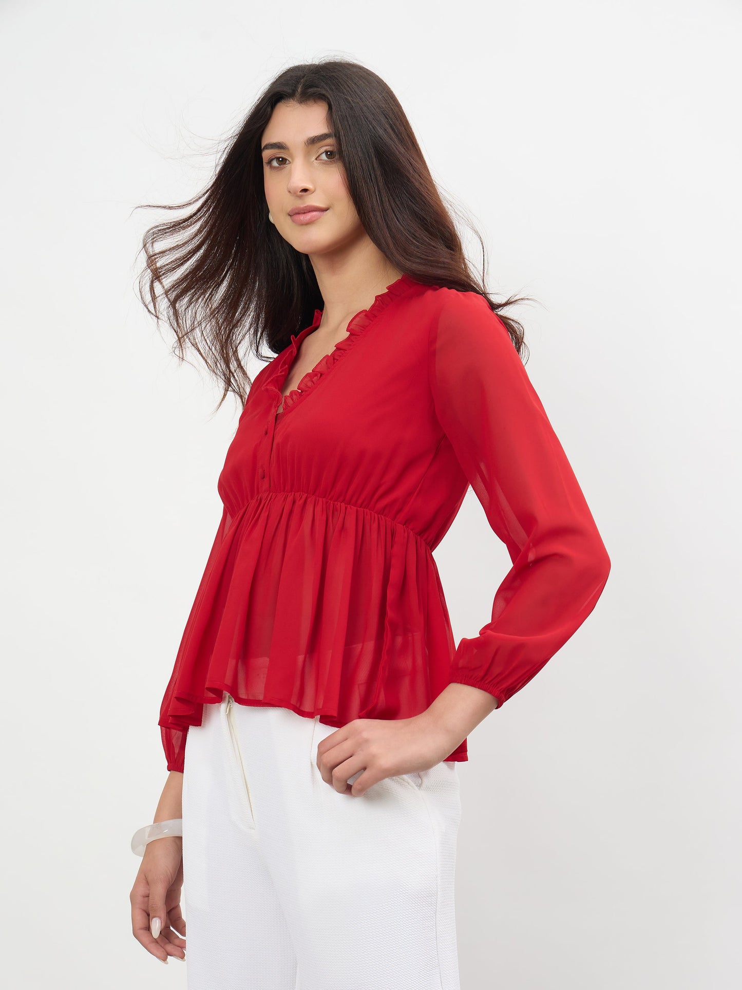 Red Frill Neck Peplum Top