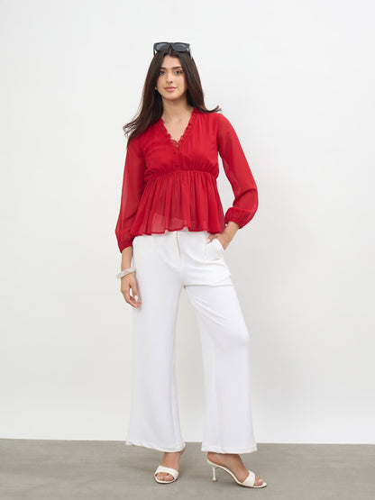 Red Frill Neck Peplum Top