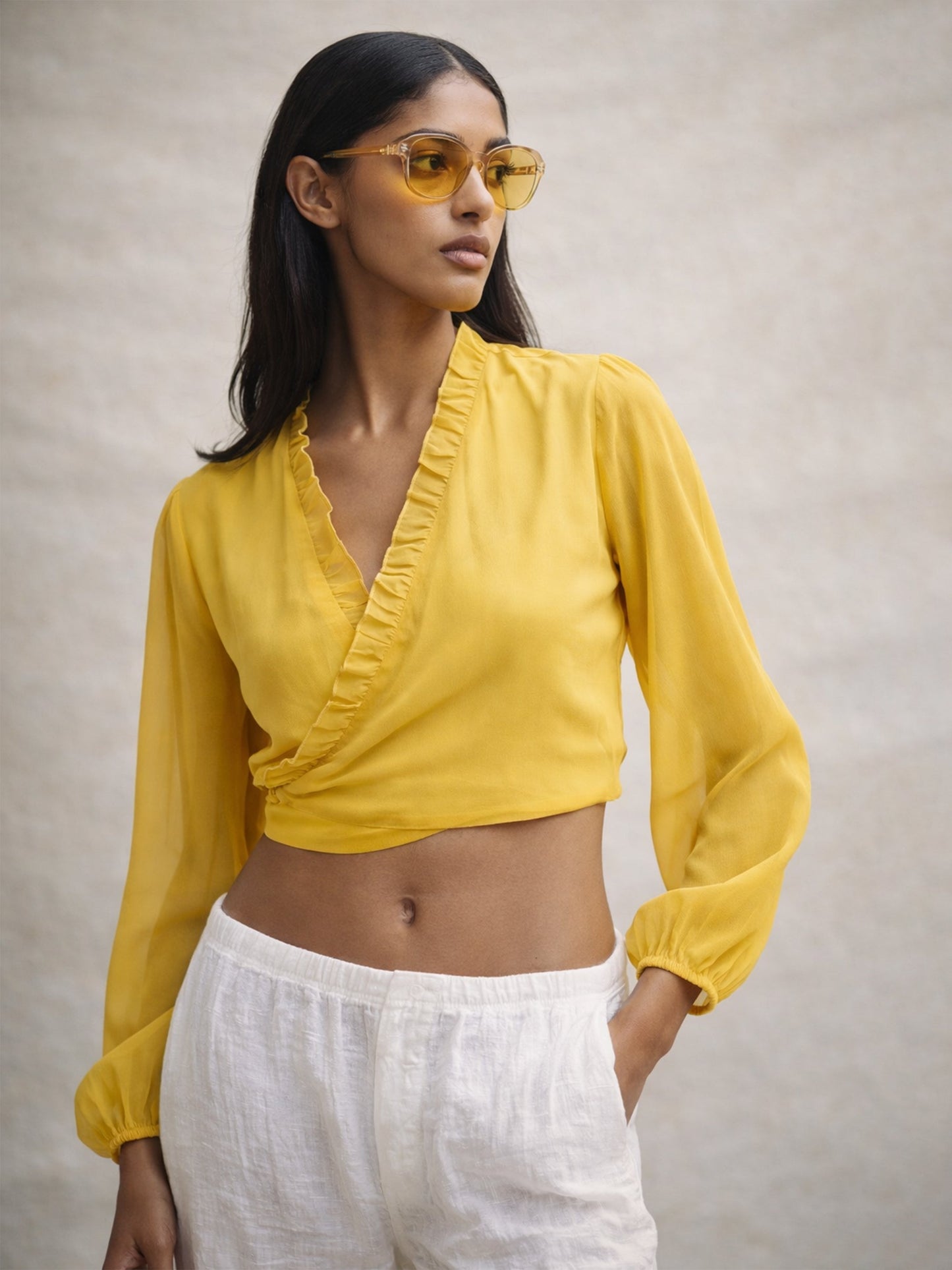 Yellow Frill Detail Wrap Top