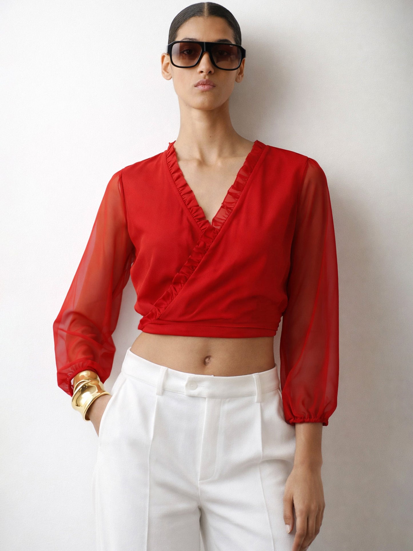 Red Frill Detail Wrap Top