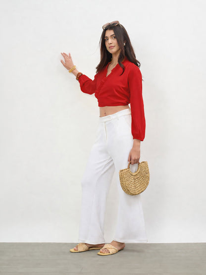 Red Frill Detail Wrap Top
