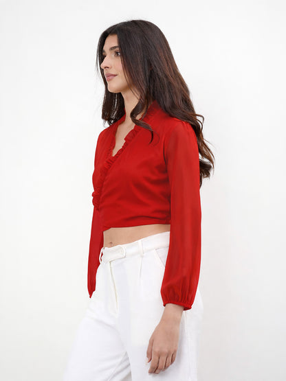 Red Frill Detail Wrap Top
