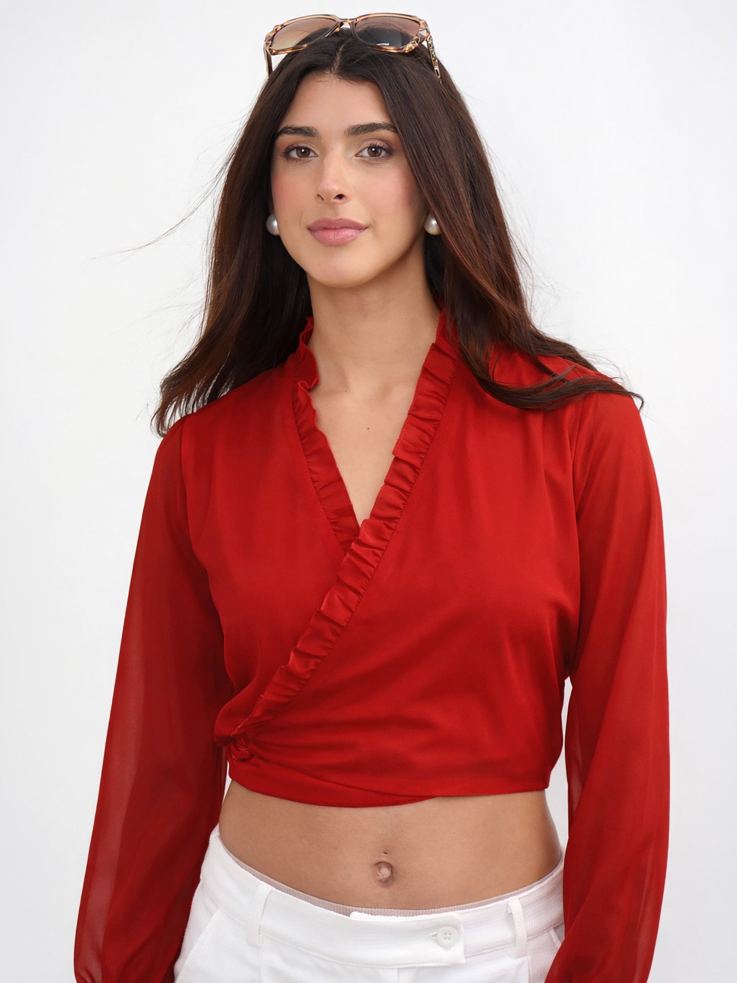 Red Frill Detail Wrap Top