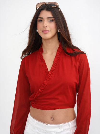 Red Frill Detail Wrap Top