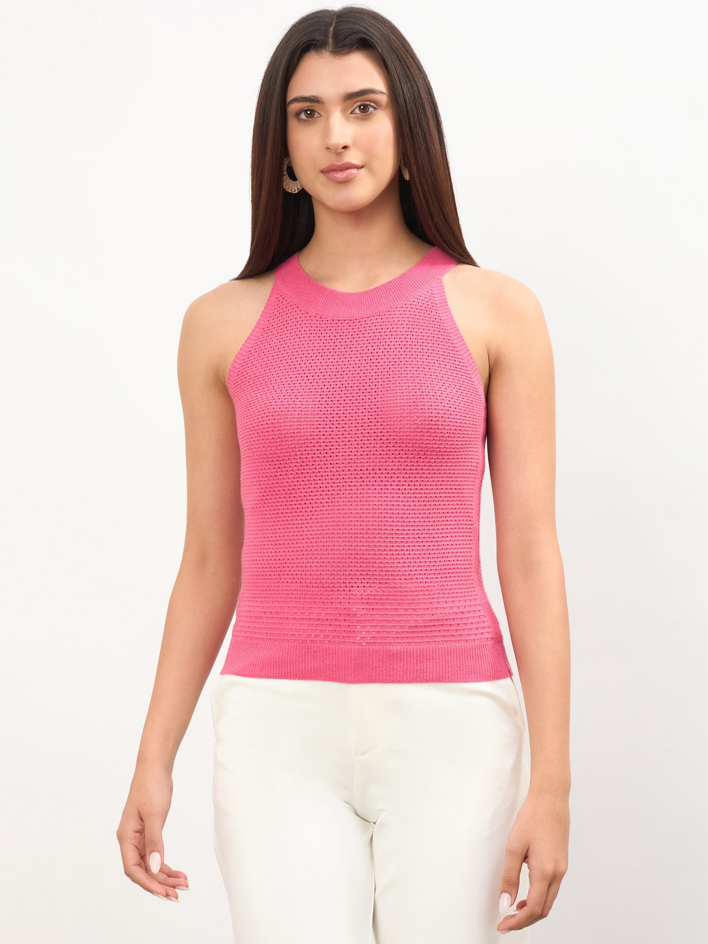 Pink Crochet Halter Neck Regular Top