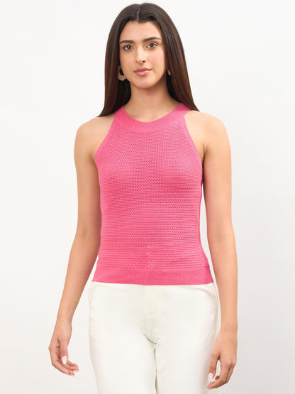 Pink Crochet Halter Neck Regular Top