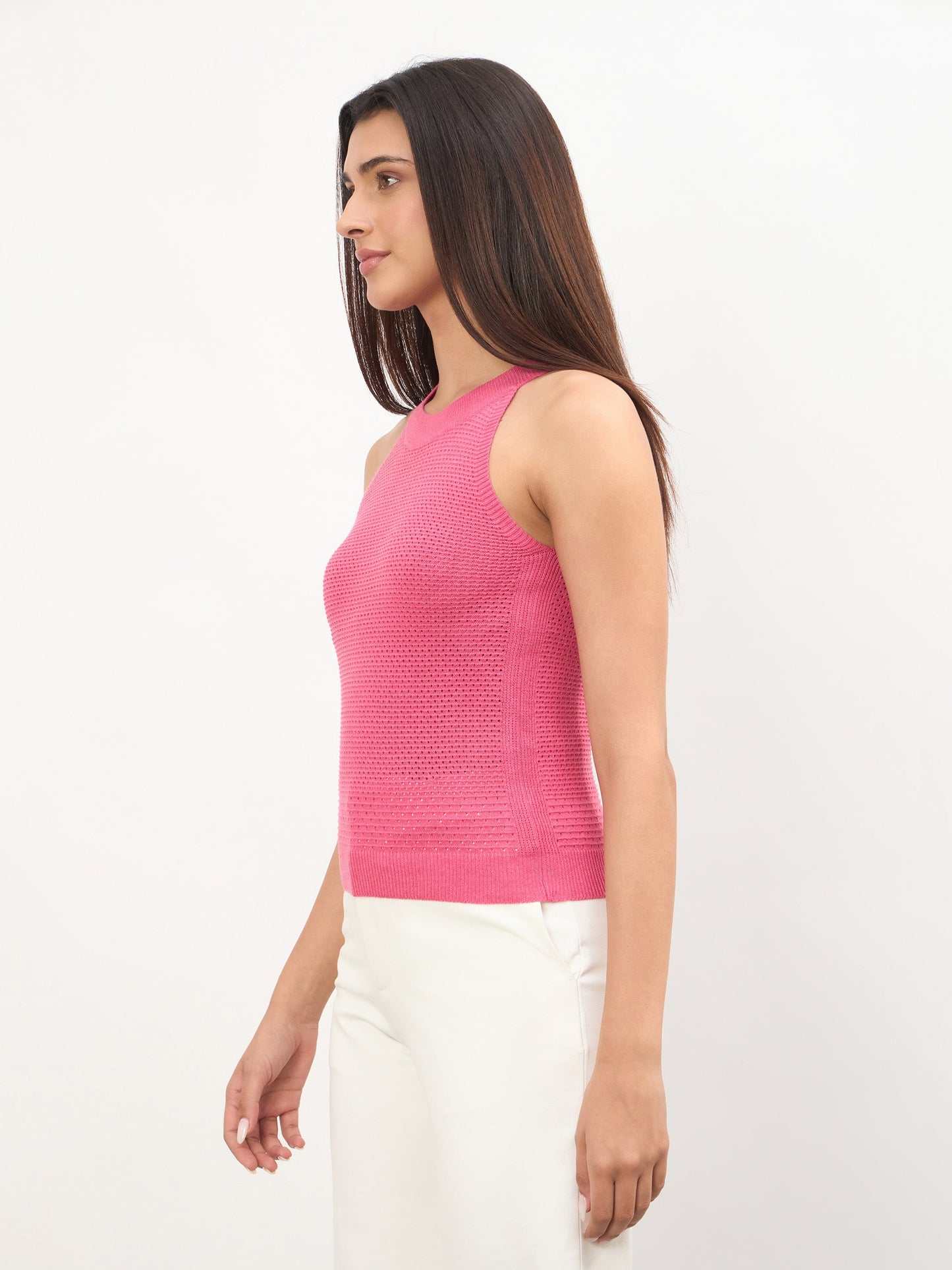 Pink Crochet Halter Neck Regular Top