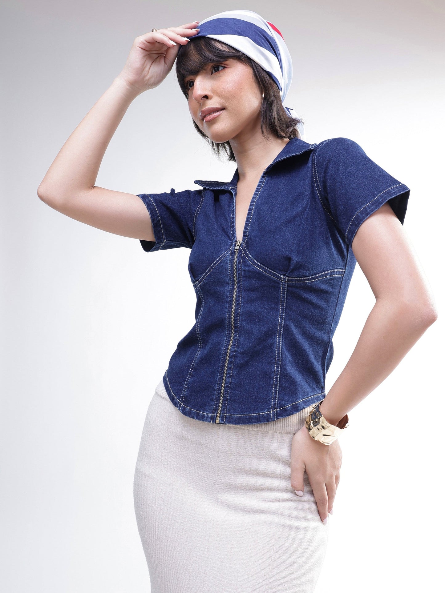 Women Navy V-Neck Front Zipper Top