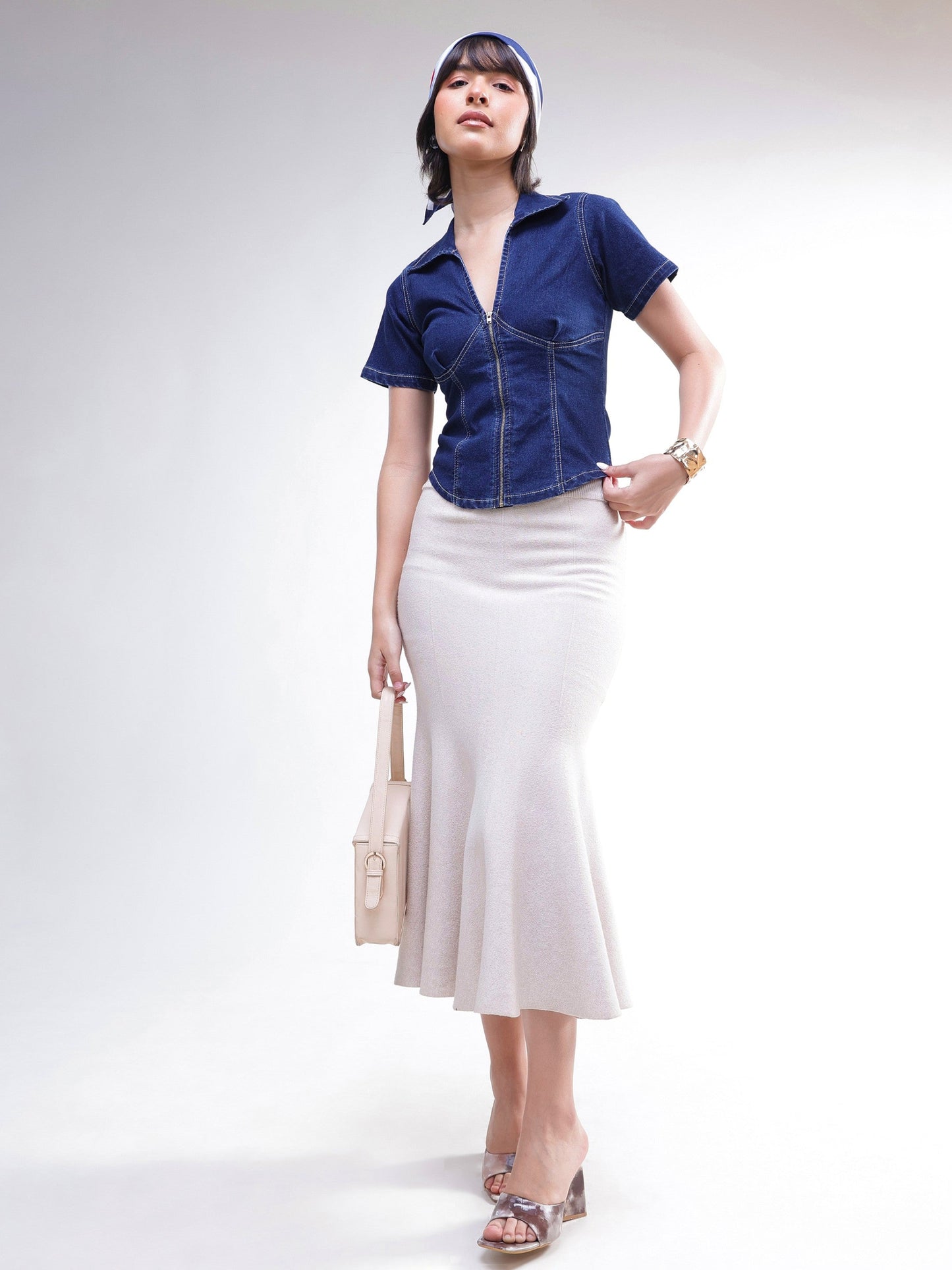 Women Navy V-Neck Front Zipper Top