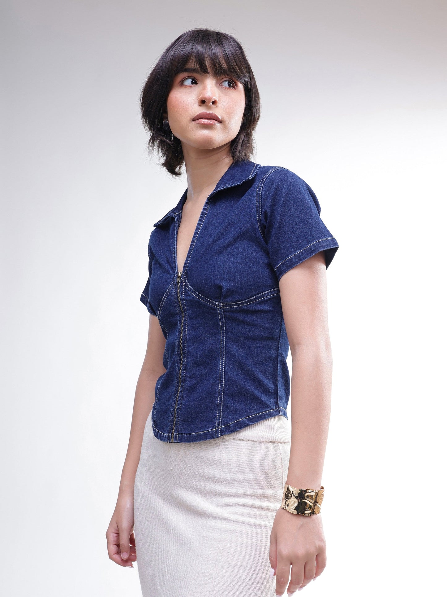 Women Navy V-Neck Front Zipper Top