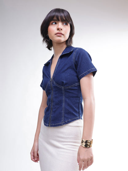 Women Navy V-Neck Front Zipper Top
