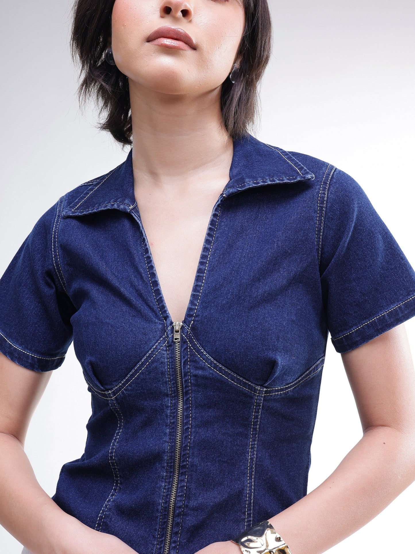 Women Navy V-Neck Front Zipper Top