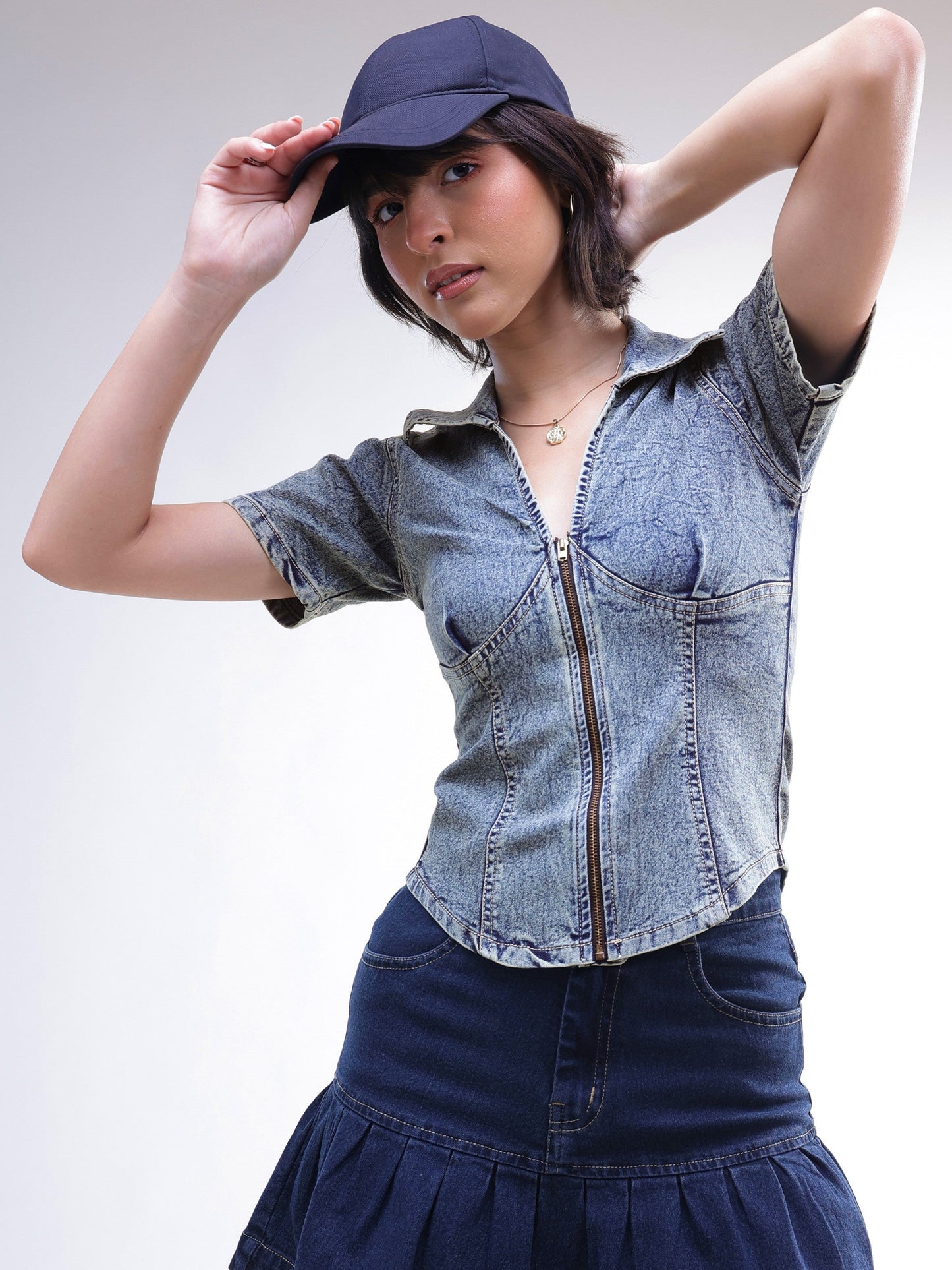 Women Blue Blast V-Neck Front Zipper Top