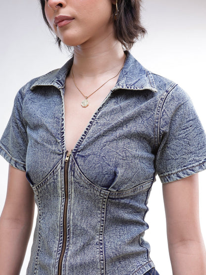 Women Blue Blast V-Neck Front Zipper Top