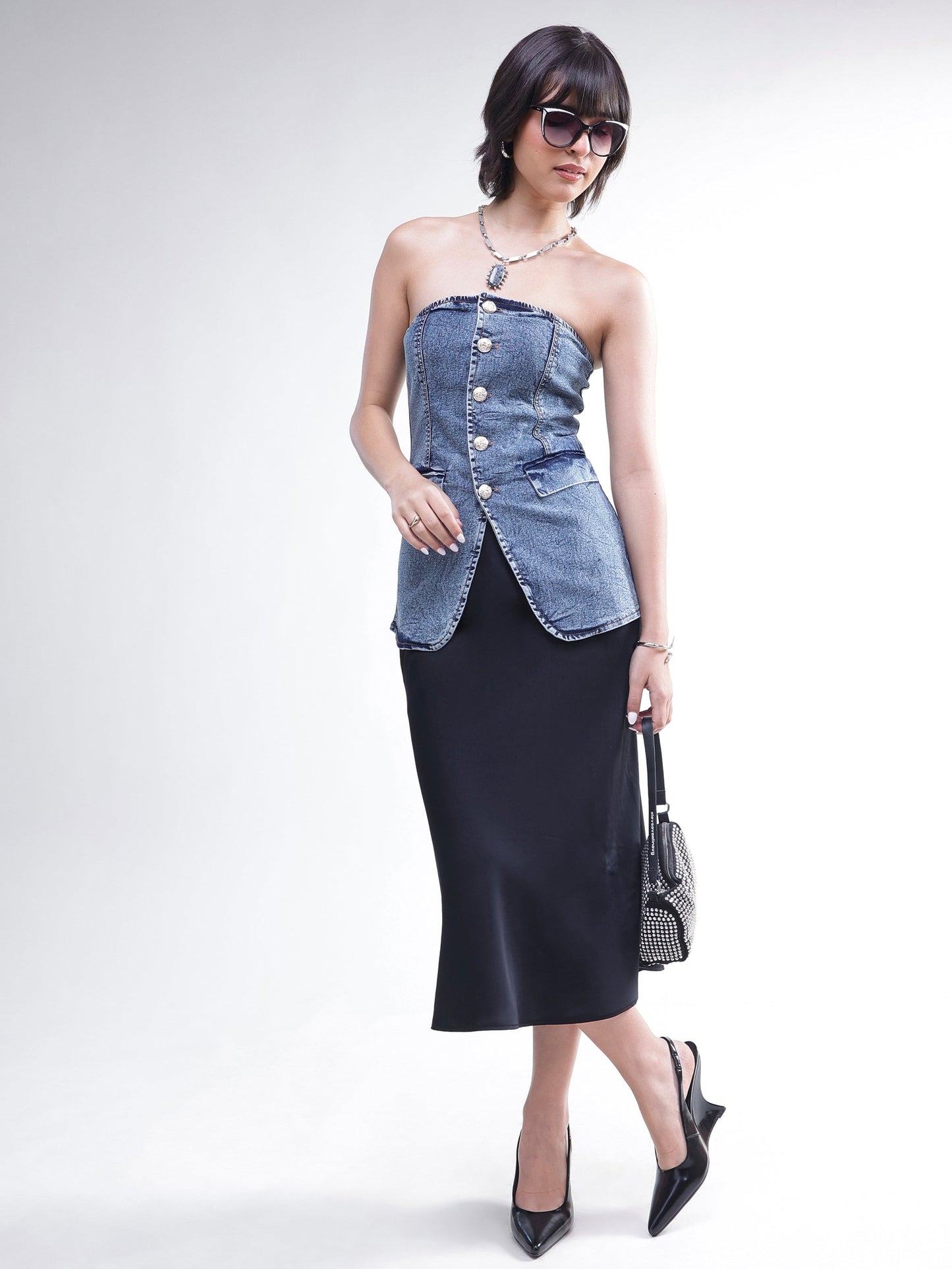 Women Blue Wash Denim Button Down Tube Top