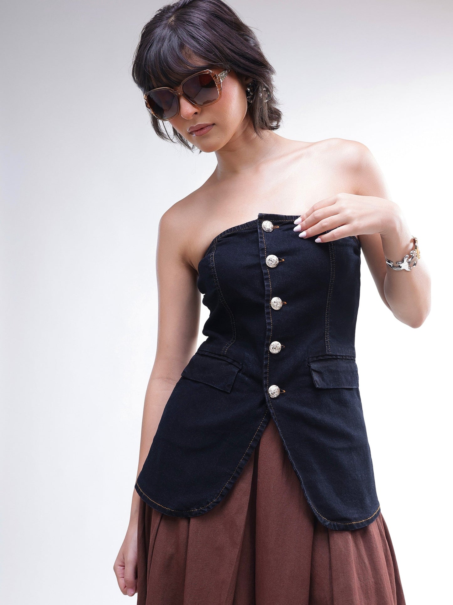Women Black Denim Button Down Tube Top