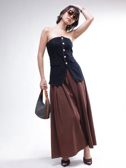 Women Black Denim Button Down Tube Top
