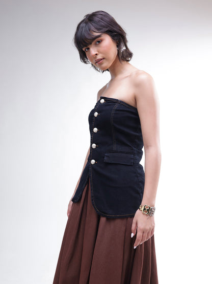 Women Black Denim Button Down Tube Top
