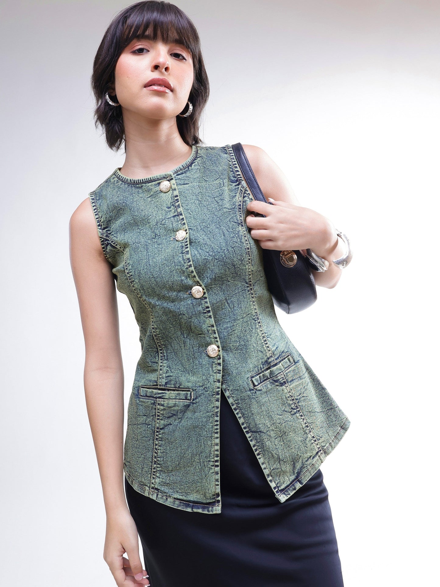 Women Green Washed Denim Sleeveless Waistcoat