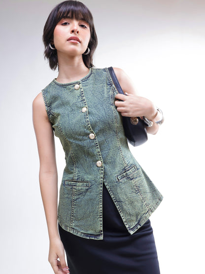 Women Green Washed Denim Sleeveless Waistcoat