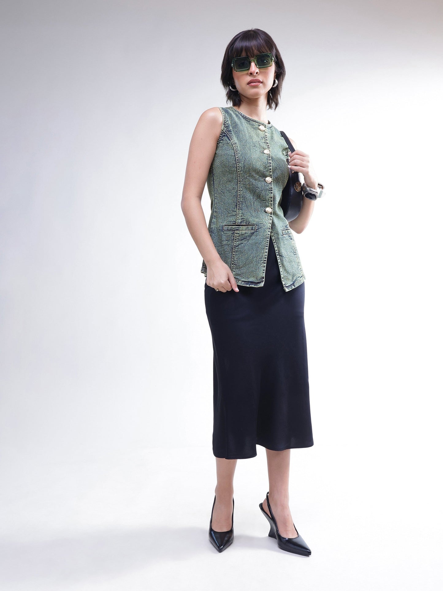 Women Green Washed Denim Sleeveless Waistcoat