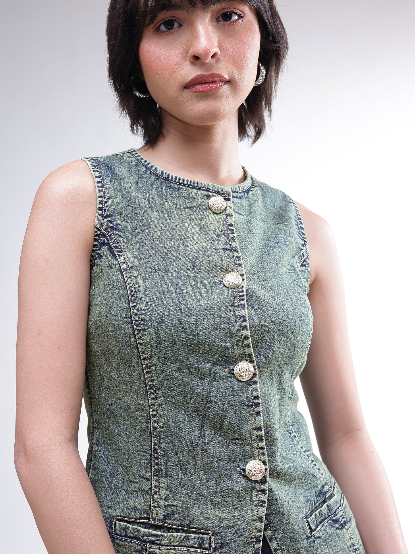 Women Green Washed Denim Sleeveless Waistcoat