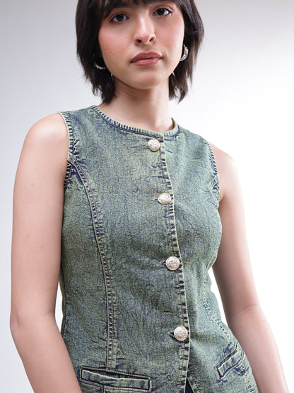 Women Green Washed Denim Sleeveless Waistcoat
