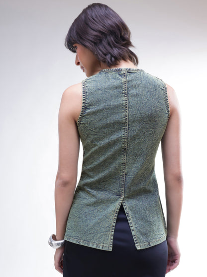 Women Green Washed Denim Sleeveless Waistcoat
