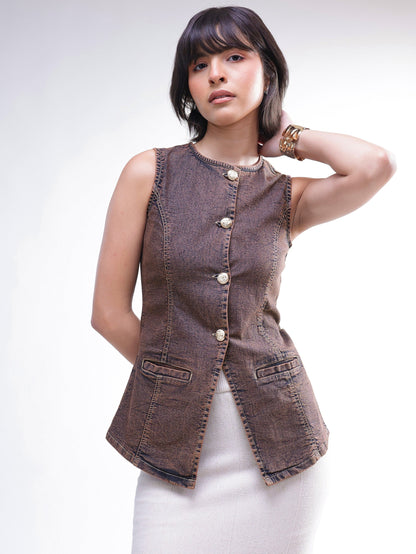 Women Brown Washed Denim Sleeveless Waistcoat
