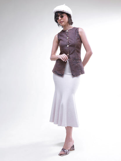 Women Brown Washed Denim Sleeveless Waistcoat