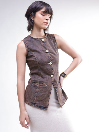Women Brown Washed Denim Sleeveless Waistcoat