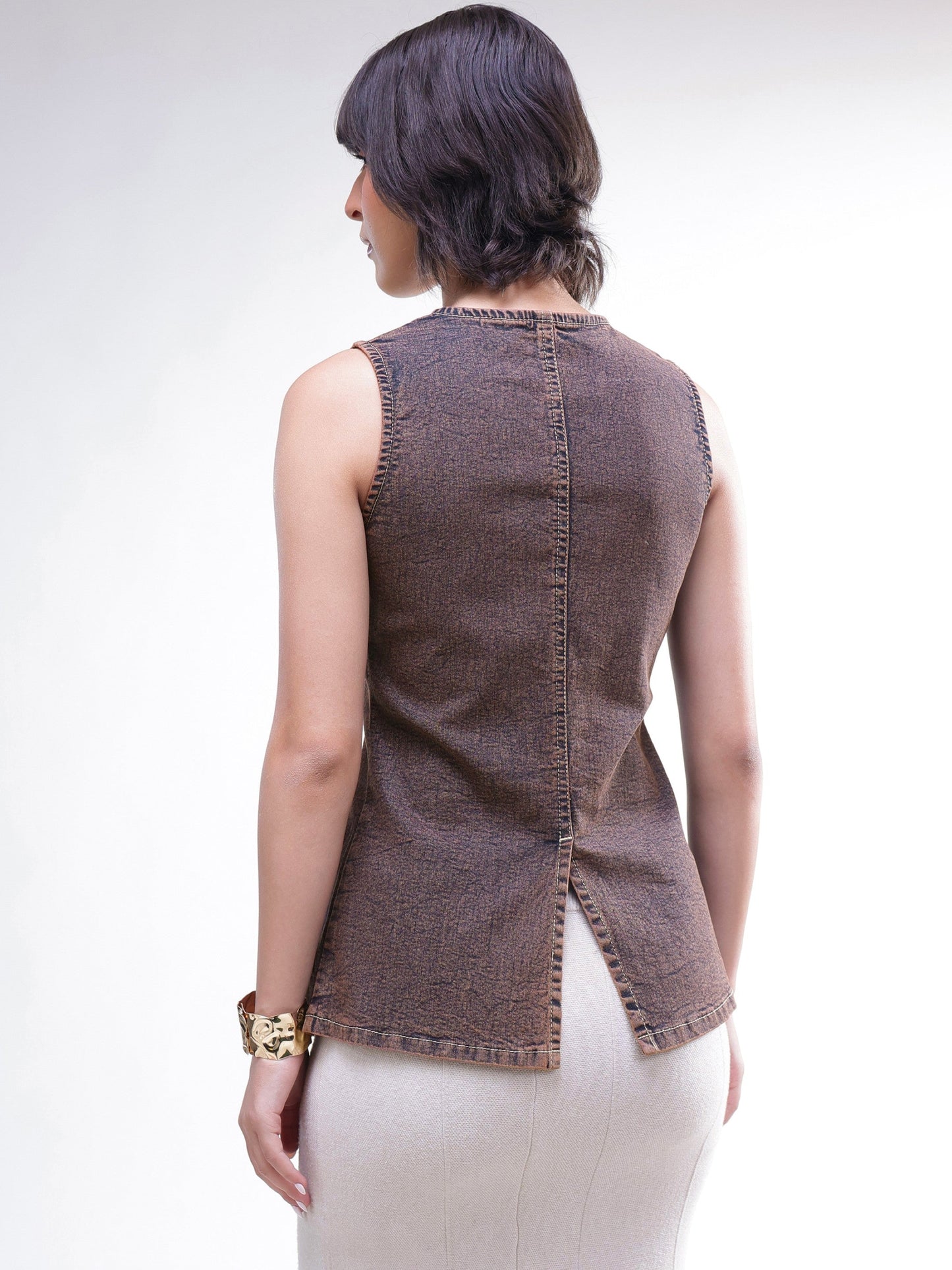 Women Brown Washed Denim Sleeveless Waistcoat
